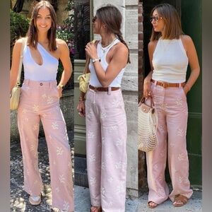 NWT Zara Woman EMBROIDERED LINEN BLEND PANTS Bloggers Fav